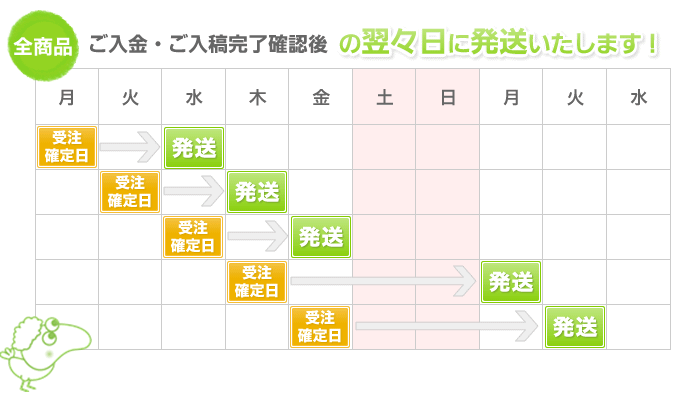 全商品　ご入金・ご入稿完了確認後の翌々日に発送いたします。